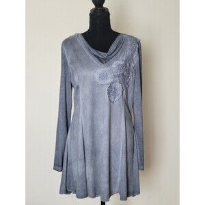 Feratelli Gray Cowl Neck Tunic Art-to-Wear Boho Lace Applique Lagenlook Size M